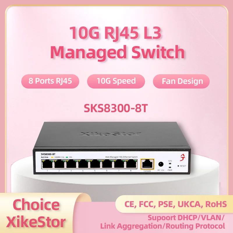 XikeStor 8-Port 10G RJ45 L3 Managed Switch with Fan  Support Support 1G/2.5G/10G DHCP/VLAN/Port Aggregation/Routing Function