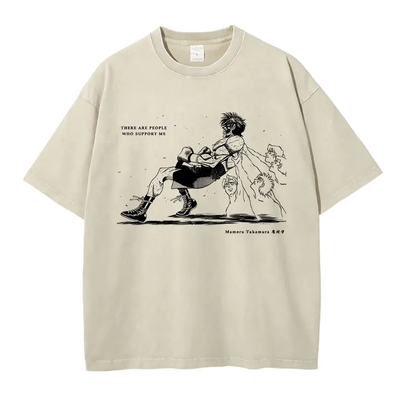 Retro Washed Anime Bandai Hajime no Ippo T-shirts Oversized Fighting Spirit T Shirt Manga Harajuku Tops Tees Men 100% Cotton