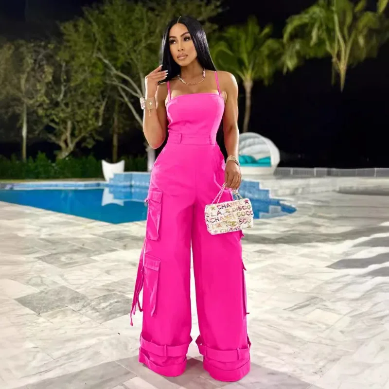 

Loose Cargo Jumpsuit Women Sexy Spaghetti Straps Sleeveless Backless Multi Pockets Wide Leg Pants Casual Overalls Streetwear