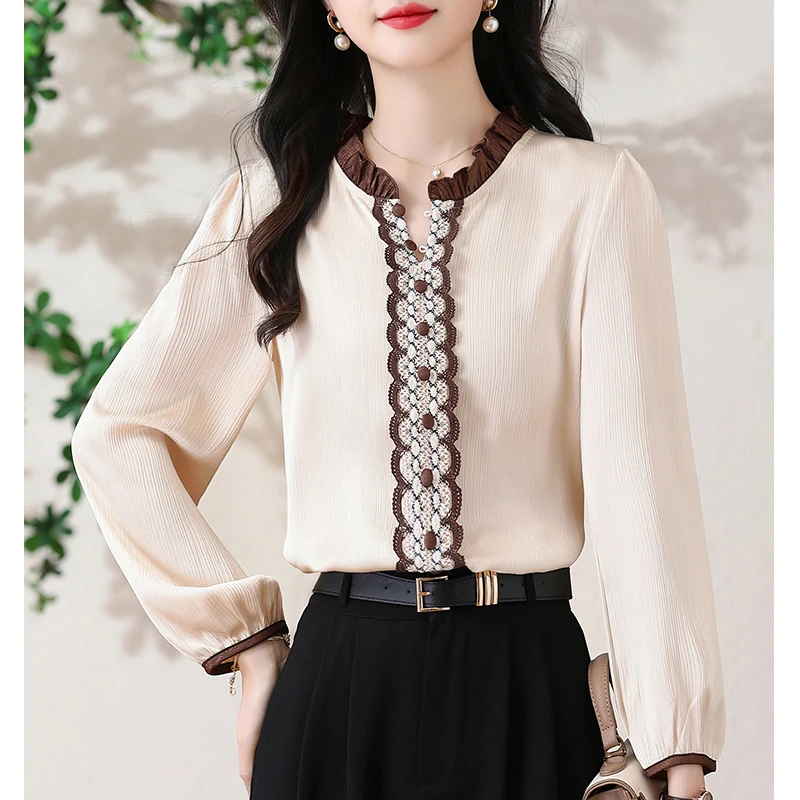 

Женская блузка Весна-Осень 2026: Модная атласная рубашка с воротником-рюшами, вышивкой и пэчворком, с длинным рукавом, для офиса