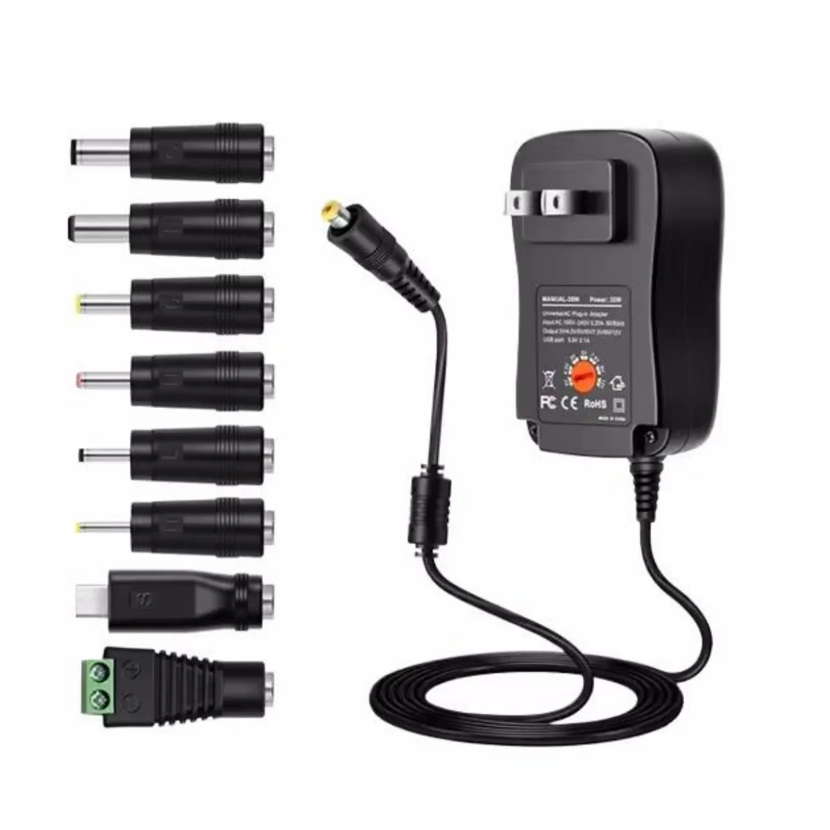 30W Universal Power Adapter Adjustable  Voltage AC To DC Supply with 8 Tips for EU US Plugs Worldwide Charging Compatible