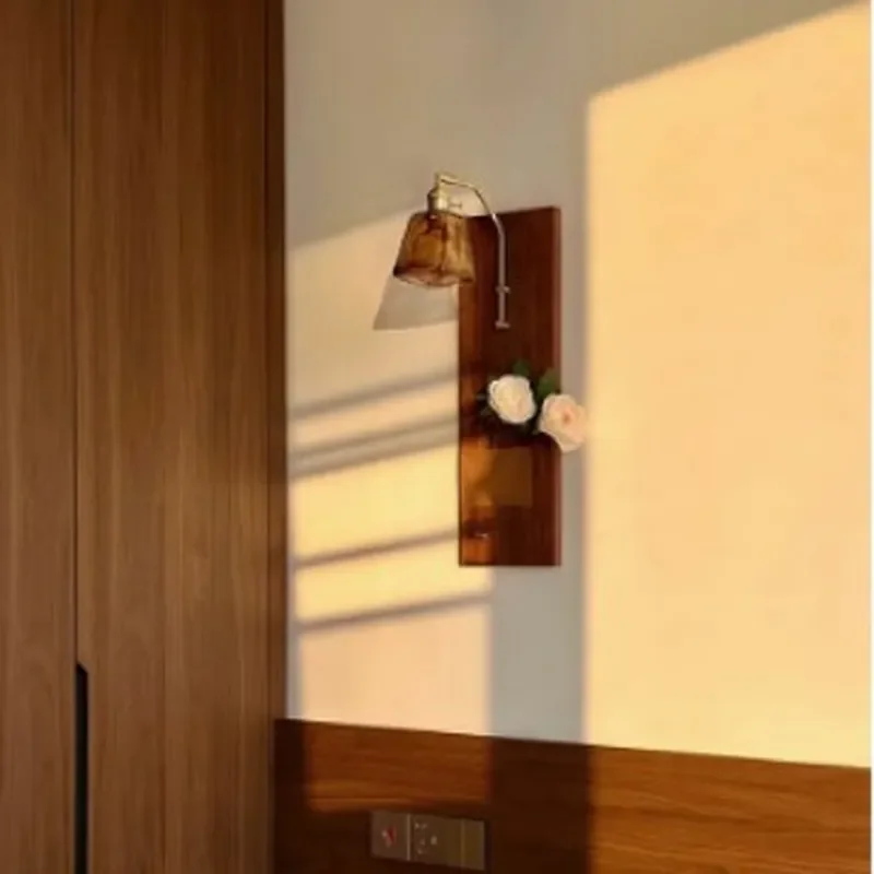 Retro Wooden Wall Lamp Medieval Wabi Sabi Style No Wiring Needed for Living Room Entrance Aisle Balcony Bedroom Bedside Decor