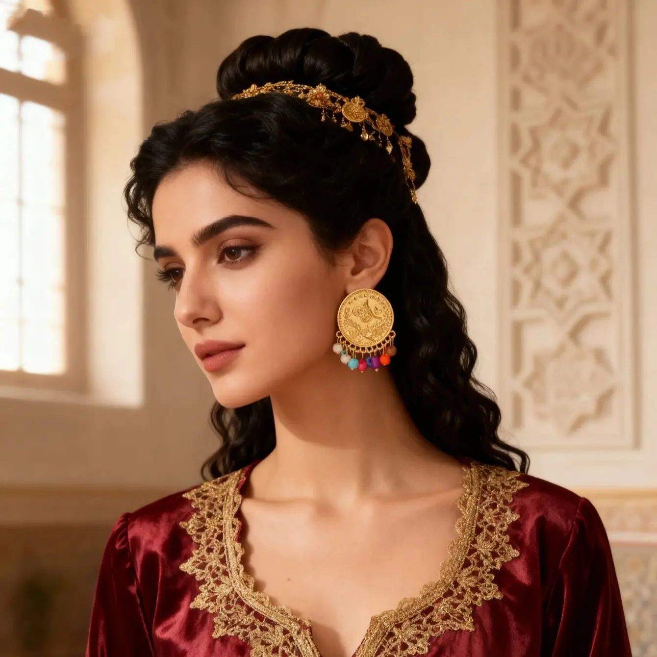 Turkish coin earring gold plated kurdish bridal ear drop middle east toem women earrings weding festival jewelry