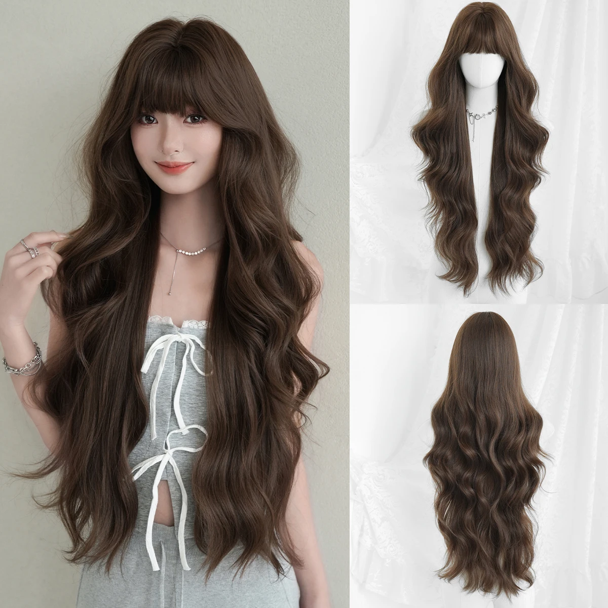

NAMM New Fashion Long Wavy Brown Wig Natural Looking High Quality Fiber Synthetic Wig for Women Daily Music Festival Party Use