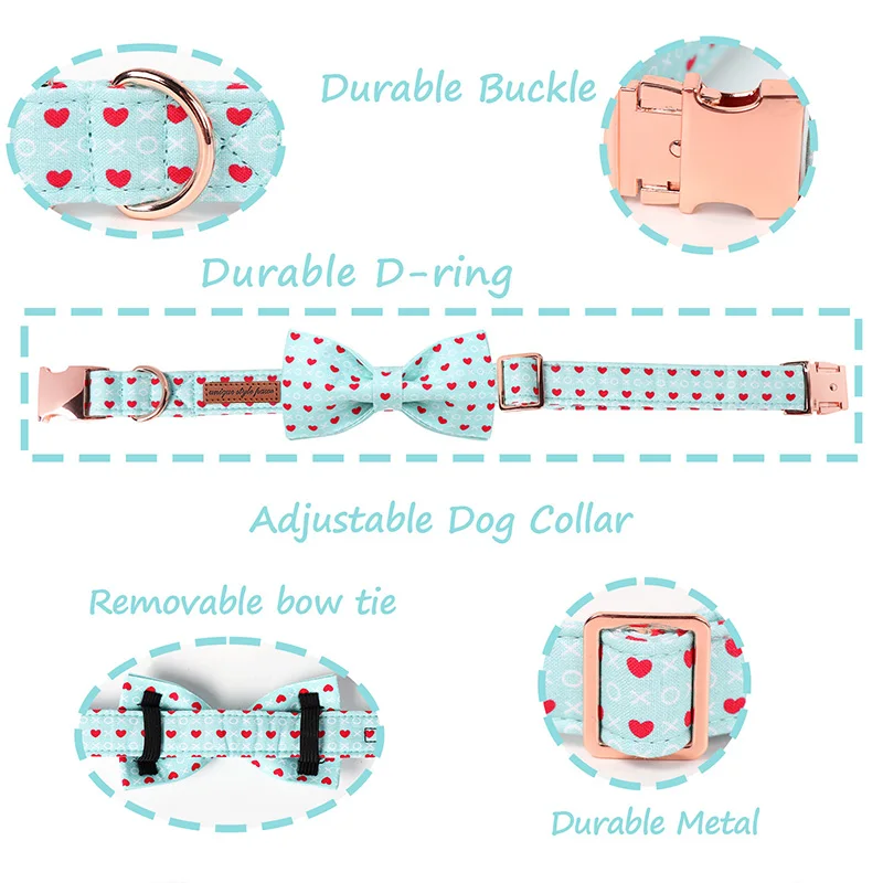 Unique Style Paws Blue Heart Dog Collar, Valentine\'s Day Dog Collar with Bowtie Cute Puppy Necklace for Small Medium Large Dog