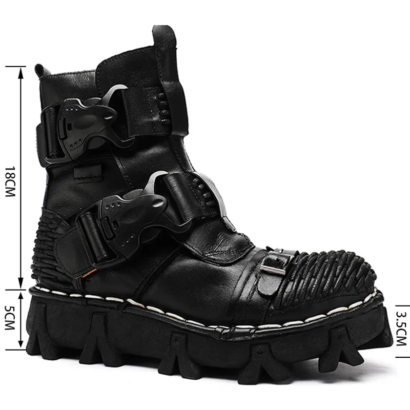 Men's Genuine Leather Motorcycle Boots,Goth Skull Buckle Strap Punk Thick Heel Mid-Calf Combat Boots Work Shoes Red view 4