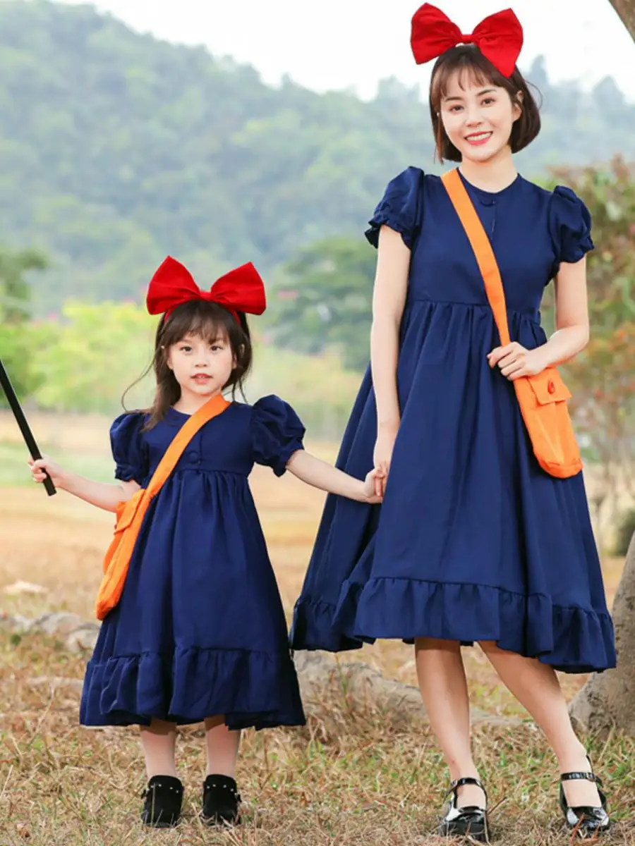 

Ролевой костюм для родителей и детей в стиле аниме для взрослых, второй косплей, маленькая ведьма, Кики, одежда на Хэллоуин, нейлоновый материал, весенний сезон