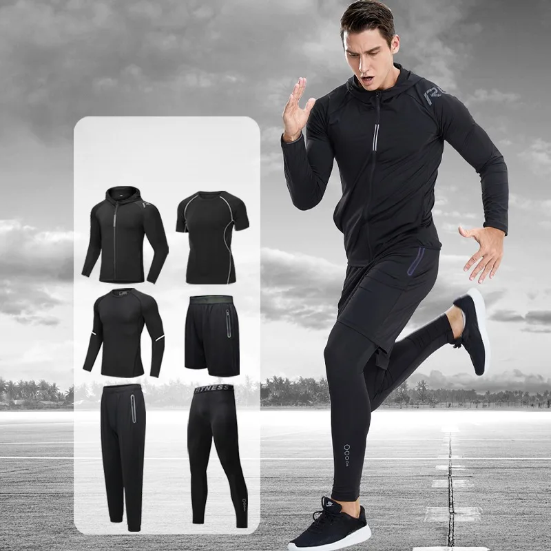 Luluesses Men's 6-Piece Sportswear Set Breathable Camping Outfit Mountain Climbing Cycling Training Gear with Pockets Hooded