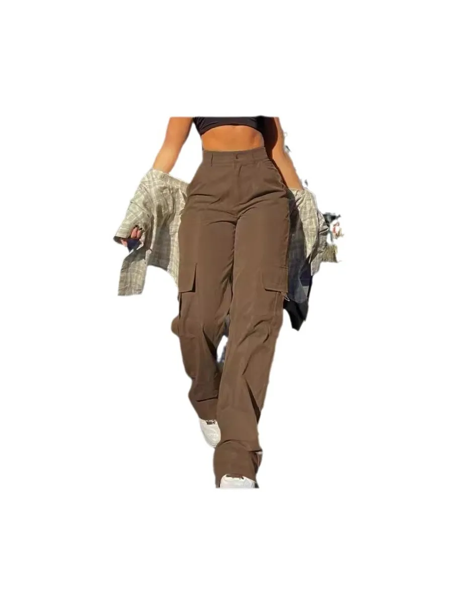 순색 블루 스트레이트 레그 워크 팬츠 캐주얼 루즈 핏 여성 패션 허리 버튼 디테일 워크웨어