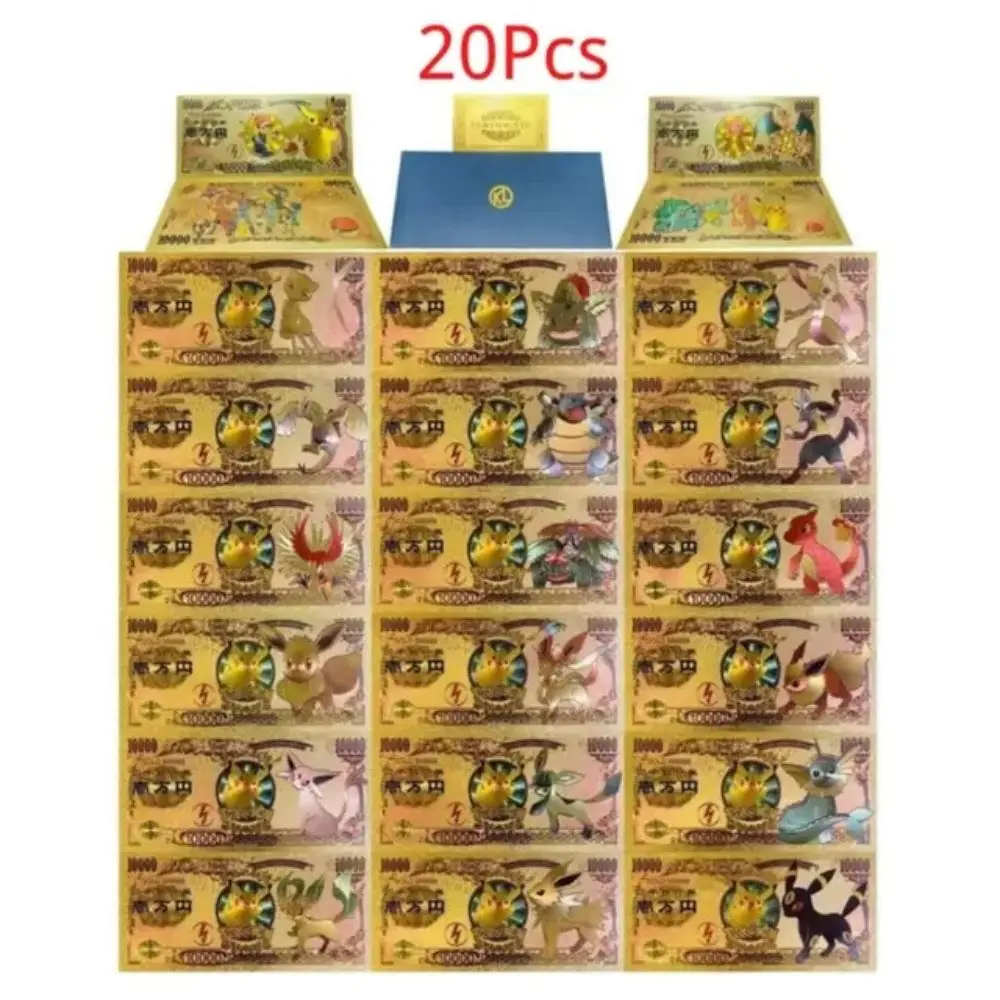 Tarjetas Pokemon de 7-20 piezas, Pokeball Pikachu, billete de oro de 10000 yenes, billete de plástico dorado para colección de r