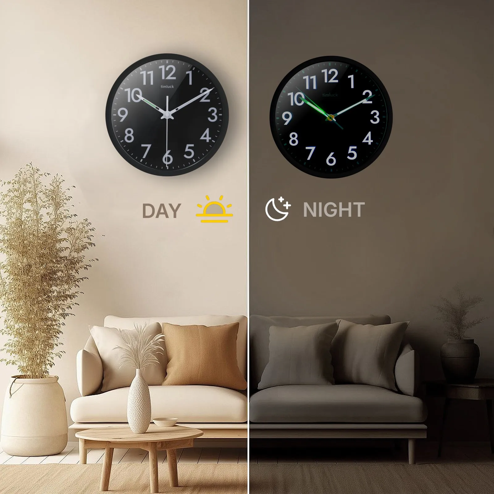 Silent Non-ticking LED Wall Clock with Light Sensor, Auto-Illuminated Numbers & Hands, Adjustable Brightness, Non-Fluorescent