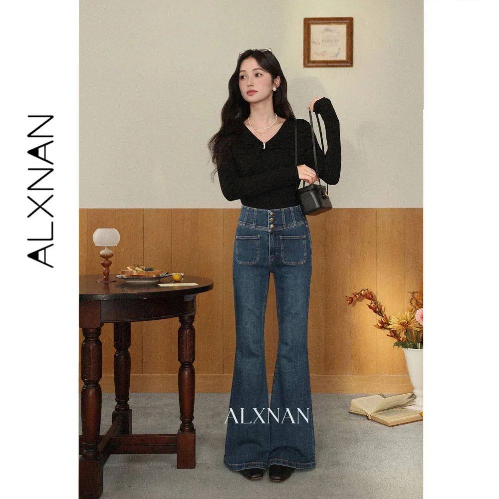 ALXNAN Vintage Blue High Waist Flare Jeans Women Autumn Elegant Straight Baggy Pants 2026 Fashion Cotton Trousers Ladies L67916