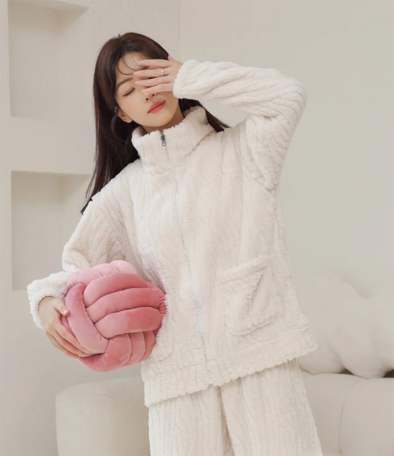 Женские теплые удобные плюшевые толстые коралловые бархатные женские большие размеры однотонные розовые светло-зеленые белые пижамы домашние костюмы