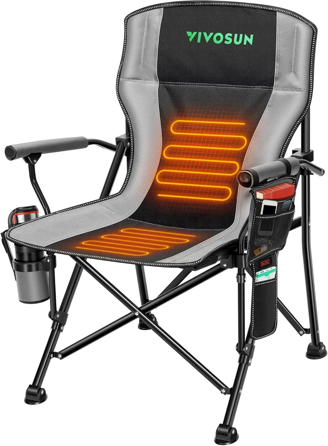 Heated Camping Chair, Portable Folding Chair with 3 Heat Settings, Dual Heat Zone, Cup Holder & Pockets, Sturdy USB Heating for