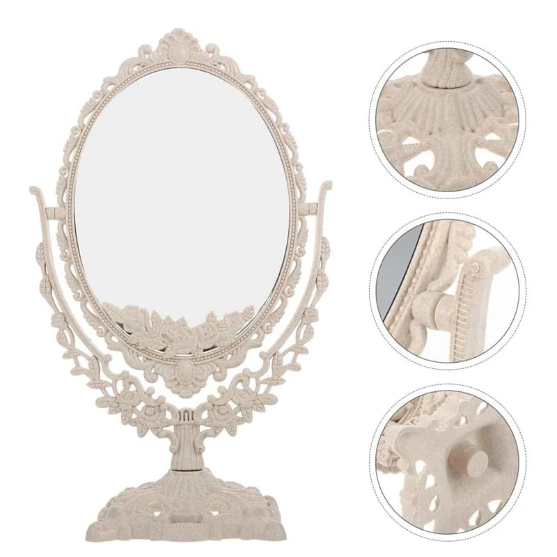 Vintage European Style Makeup Mirror Oval Shaped Cosmetic Mirror 360 Degree Rotating Swivel Desktop Vanity Mirror Home Decor