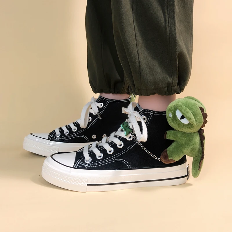 Amy and Michael Cute Anime Dinosaurs Sneakers Girls Students Teens Unisex Black High Tops Canvas Shoes Fashion Women Doll Tennis