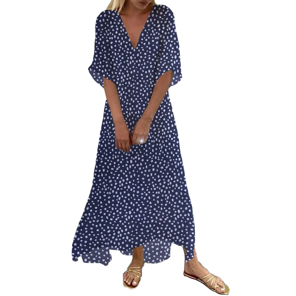 Nyfairy Plus Size Women's Blue Half Sleeve V-neck Graphic Polka Dot Printed Casual loose Maxi Dress
