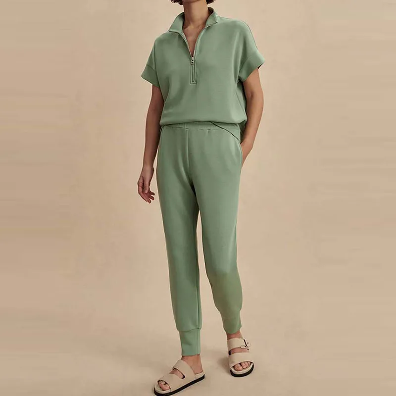 

Fashion Lapel Collar Zipper Top & Long Pant Suit Women Casual Short Sleeve Solid Loose Set Elegant Commuting Sportswear Outfits