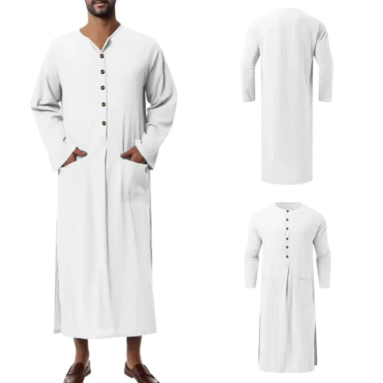 New Muslim Clothing Men\'s Robe Long Sleeve  Solid Color Arab Ethnic Style Men Islamic Abaya