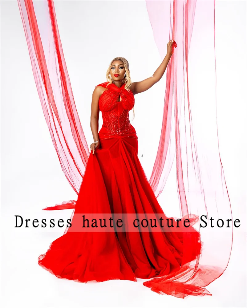 Aso Ebi rouge dentelle perlée hors de l'épaule sirène robes de soirée 2025 cristaux scintillants robes de soirée de mariage robe de bal personnalisée