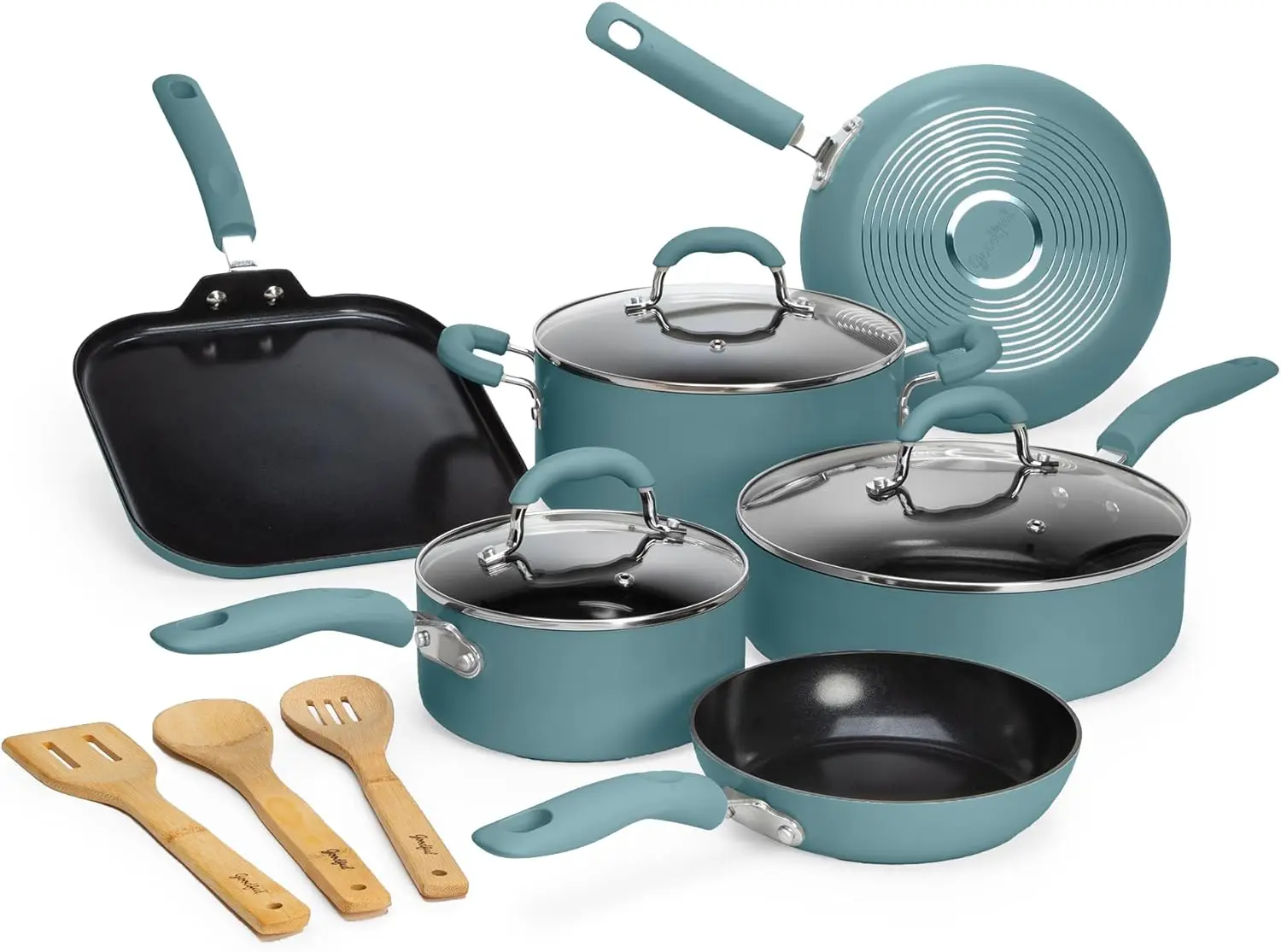 

Premium Nonstick Pots and Pans Set, Diamond Reinforced Non-Stick Coating, Made Without PFOA, Dishwasher Safe, 12-Piece,Turquoise