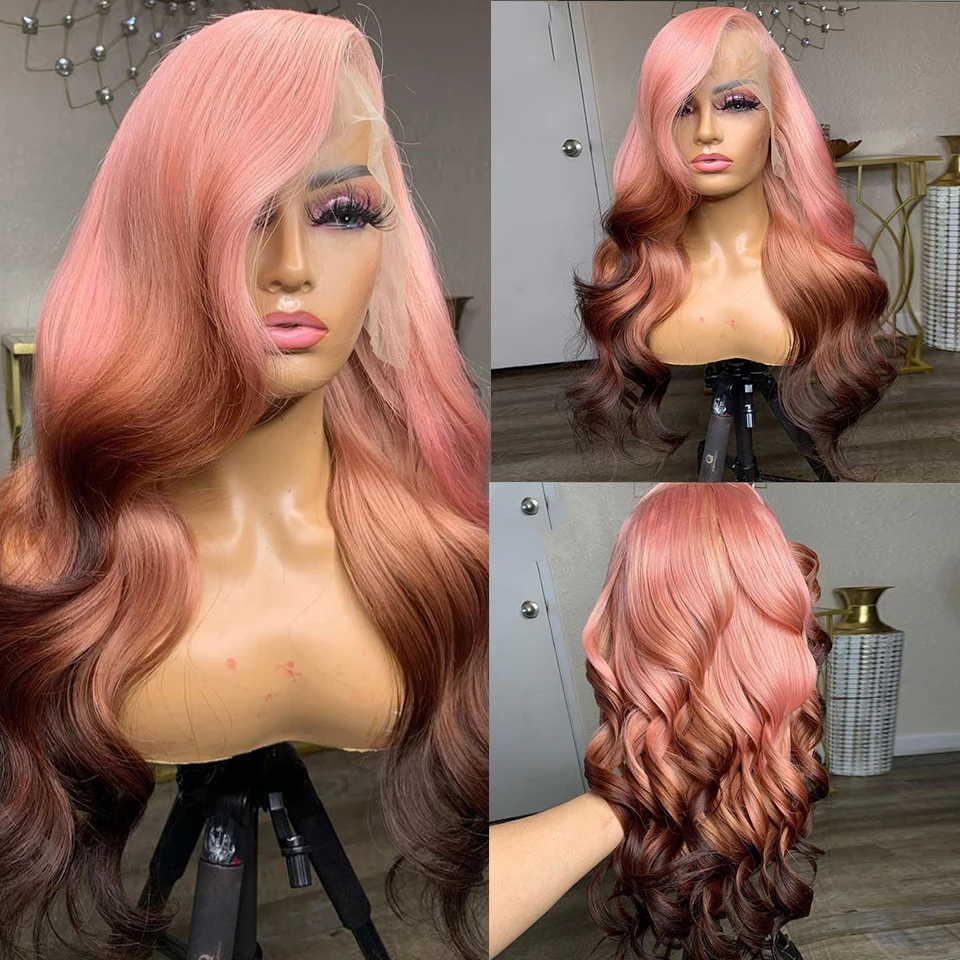 Perucas de cabelo humano ondulado para mulheres, cabelo remy brasileiro, peruca frontal de renda transparente, destaque ombre colorido, marrom e rosa, 180%