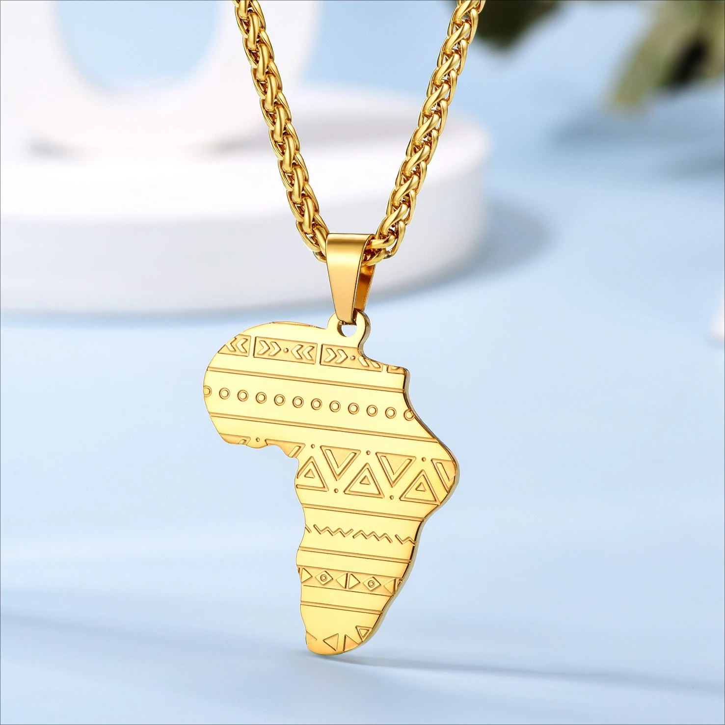 316L Stainless Steel Africa Map Necklaces for Man Woman Tribal Pattern Pendant with 22inches 3mm Link Chain Jewelry Gift