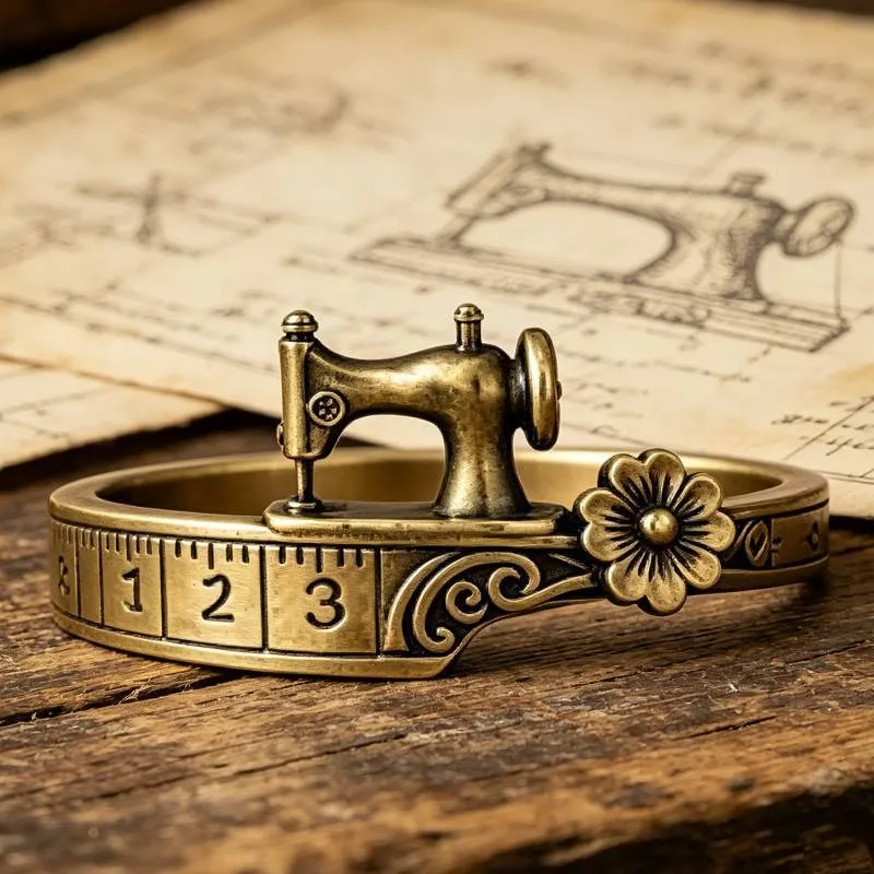 

Retro mechanical style sewing machine shaped ring, tape measure scale, three-dimensional small flower embellishment