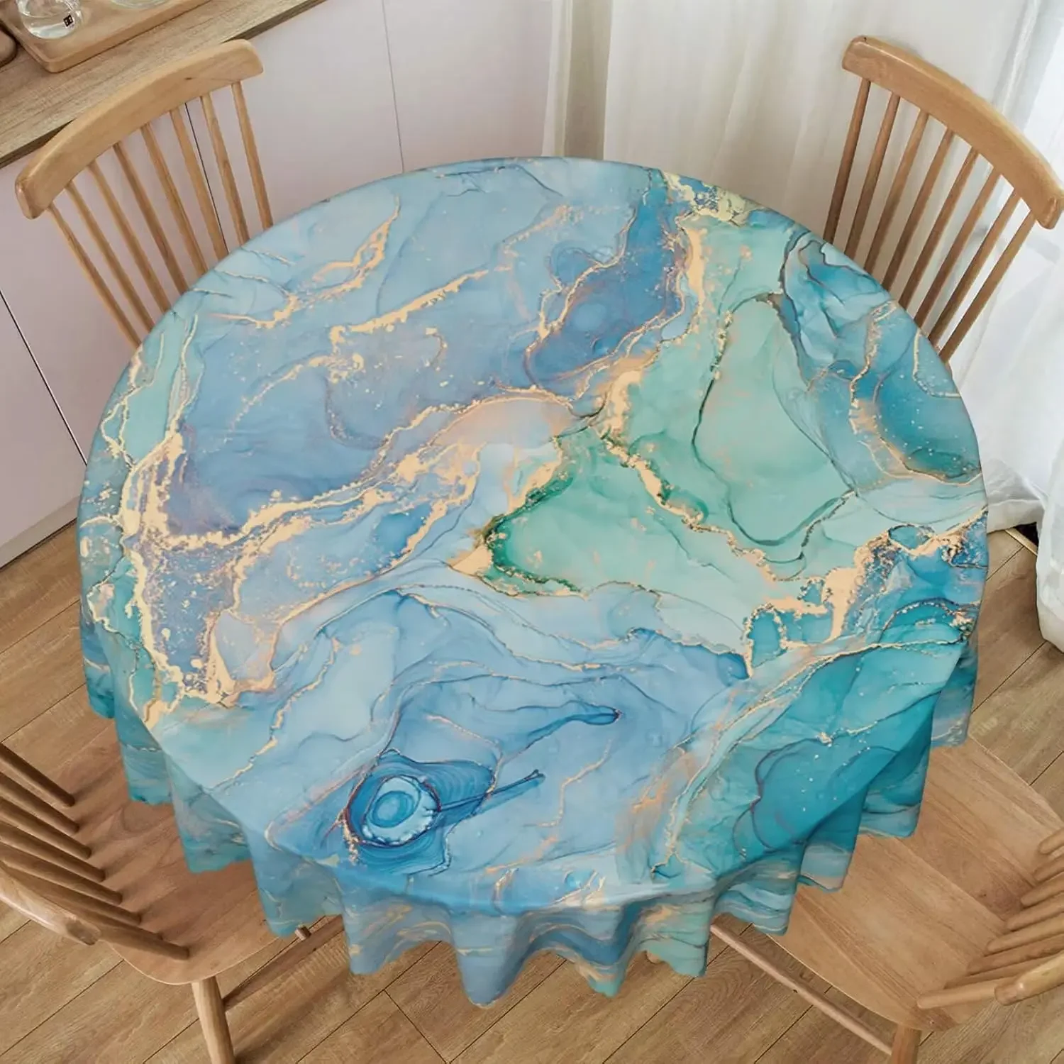 Luxury Teal Turquoise Gold Circle Tablecloth - Abstract Fluid Marble Natural Washable Dining Cover