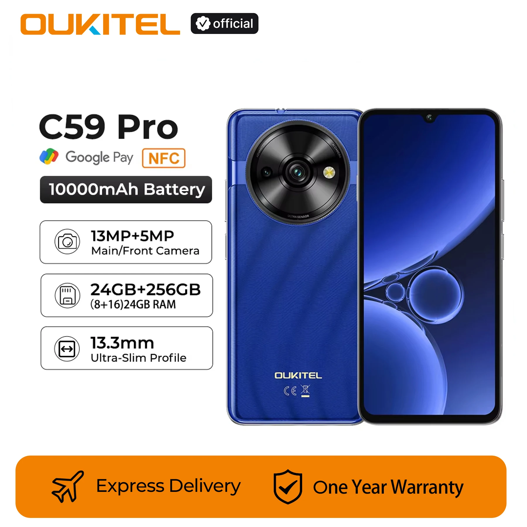 Oukitel C59 PRO สมาร์ทโฟน 10000mAh แบตเตอรี่ 24GB + 256GB 6.88 "HD 90Hz Android 15 13.3nm 36 มม.ลําโพงที่มีประสิทธิภาพโทรศัพท์มือถือ