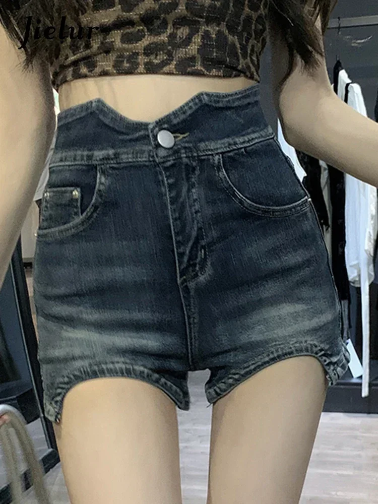 Jielur, pantalones cortos vaqueros femeninos de cintura alta Vintage de estilo americano, pantalones cortos ajustados a la cadera sexis de Color sólido para mujer, pantalones cortos elegantes de oficina para mujer