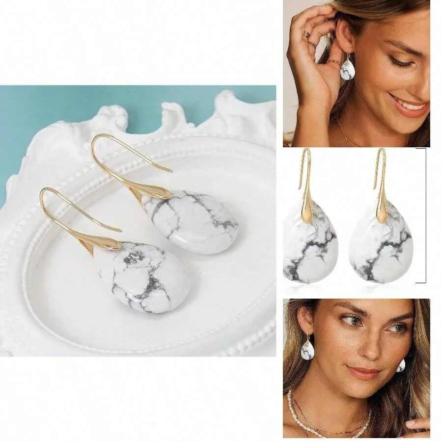 

Natural Stone Earrings For Women Boho Dangle Drop Earrings Gemstone Fishhoop Statement Gold Earring
