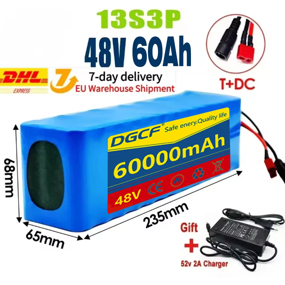 2025 New 48V 60Ah 2000W 13S3P DC/T Lithium Ion Battery Pack Suitable for 48V motors with BMS+54.6V Charger