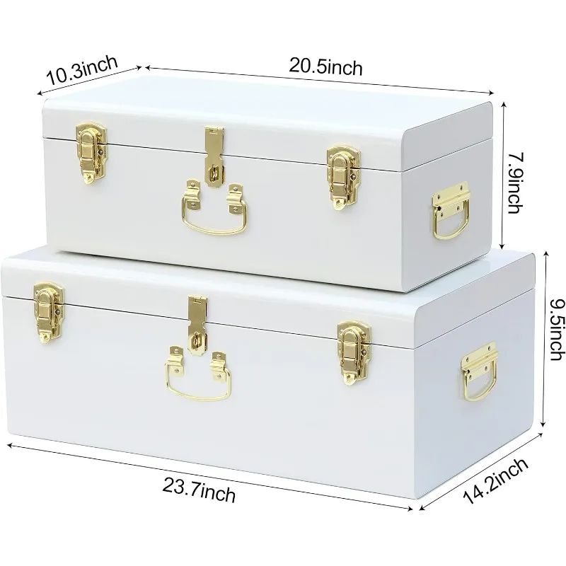 Decorative Metal Box Storage Trunks Set of 2 College Dorm Chest with Lock Hole,23.7X14.2X9.5 Inches(White)