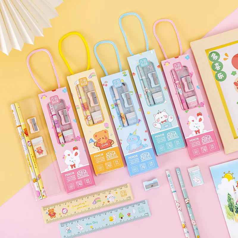 5Pcs/Set Portable Cute Stationery Set, Writing Tools, Pencil Rulers, Pencil Sharpeners, Erasers, School Supplies, Handheld Gift