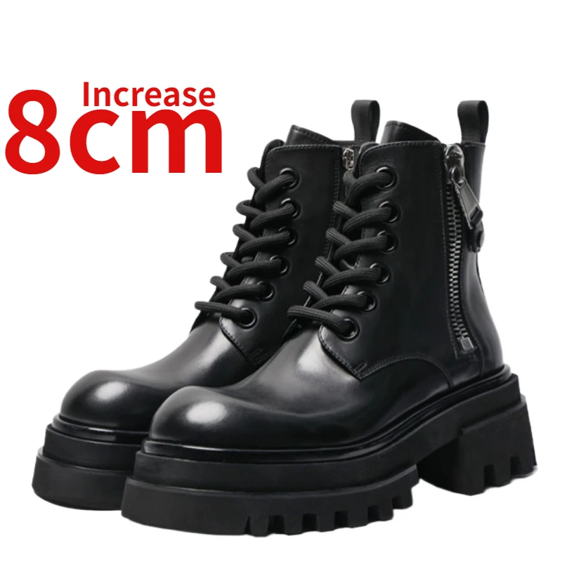 Motorcycle Boots Shoes for Men's Increased 8cm British New Side Zipper Design Genuine Leather Thick Soled Black Locomotive Boots