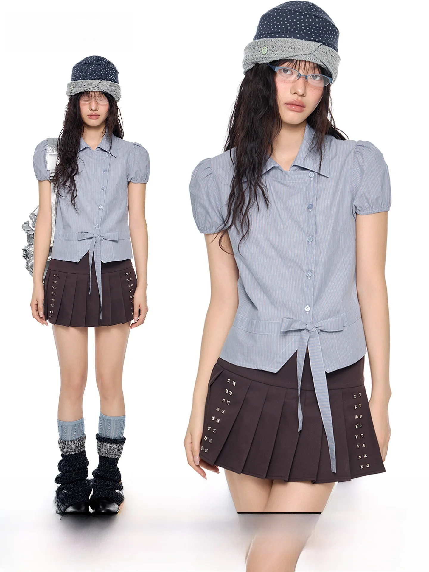 

EZEK Summer New Style Women's Slim Fit Short Sleeve Shirt Knot Bubble Sleeve Striped Casual Breathable Cotton Top