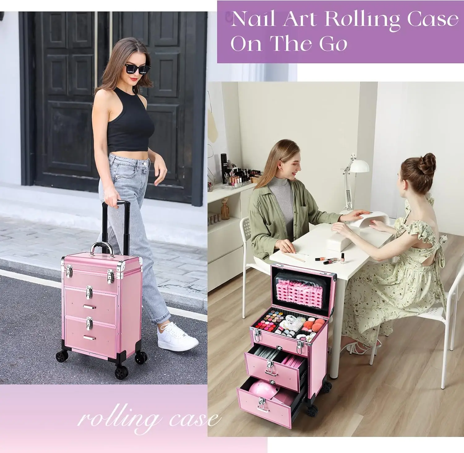 zzo Professional Rolling Makeup Train Case With Drawers, Large Cosmetic Trolley With Locks, Cosmetics Storage Organizer Make