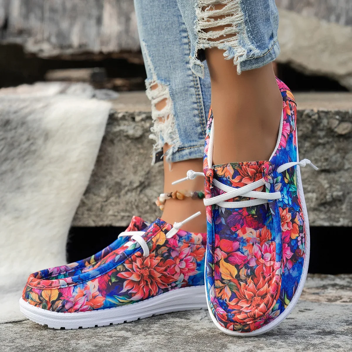 

Platform Flower Canvas Shoes for Women Spring Flat Lace-up Loafers Woman Lightweight Fashion Casual Sports Shoes Footwears