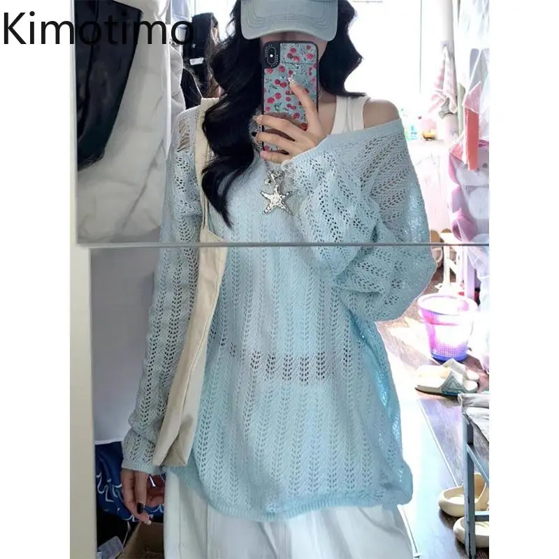 

Kimotimo Blue Hollow Out Knitted Pullover Women 2026 Spring Summer Loose Sun Protection Long Sleeve Tops Simple Y2k Thin Sweater