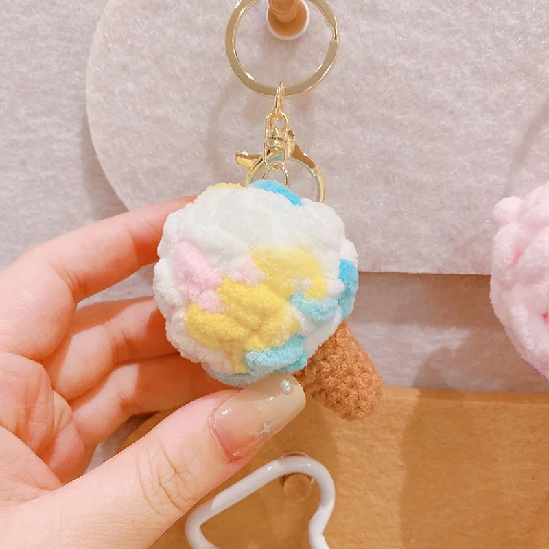 Plush Cute Ice Cream Keychain Female Cartoon Simulation Cone Couple Bag Pendants  For Car Keys Knitted Keyrings Wholesale