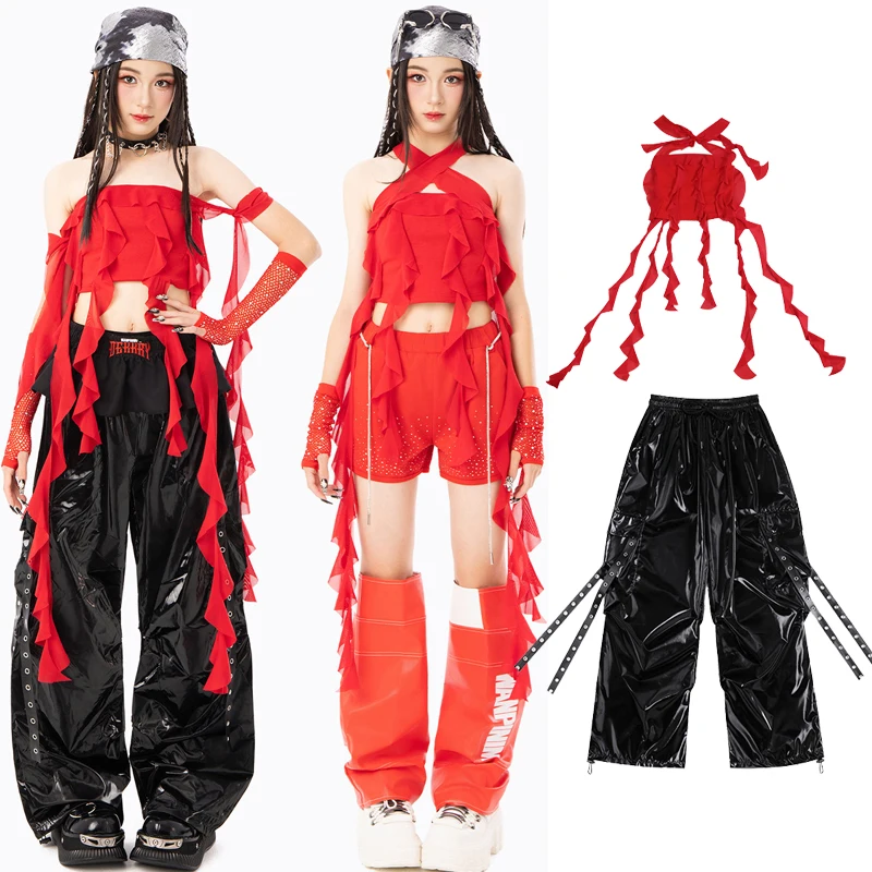 Costumes de spectacle de danse Jazz pour filles, gilet à ruban rouge, pantalon noir, tenues Kpop, vêtements de danse Hip Hop pour défilé, XH5063
