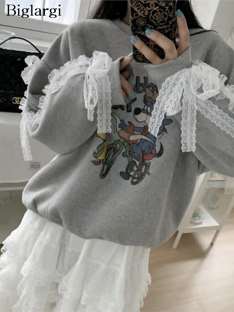 

Autumn Winter Lace Patchwork Long Sleeve Sweatshirt Women Cartoon Print Modis Ladies Sweatshirts Korea Loose Woman Pullover Tops