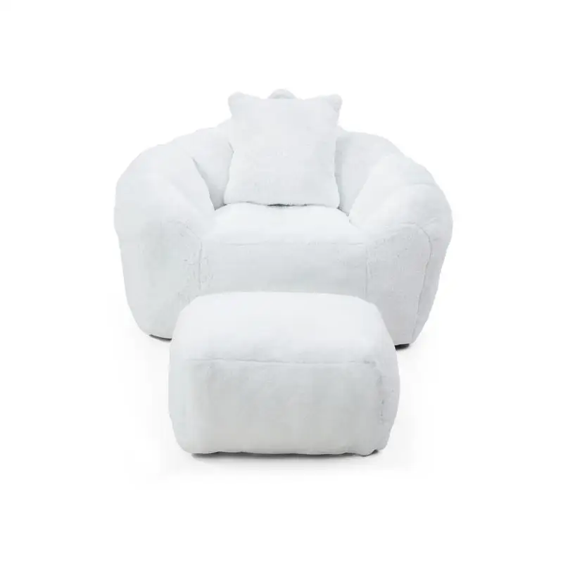 Oversized Faux Fur Bean Bag Chair with Footstool, Large Stuffed Sofa for Gaming, Reading, and Living Room Use, Comfortable