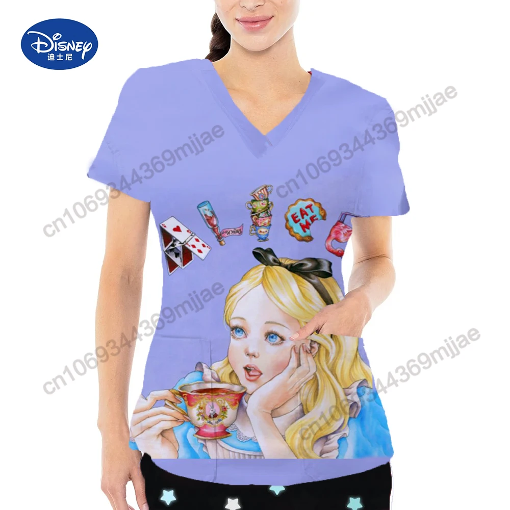 2024 Summer New pretty Disney Cartoon pattern Double Pocket V-Neck Design Y2k Style Women\'s Comfortable Charming nurse\'s uniform