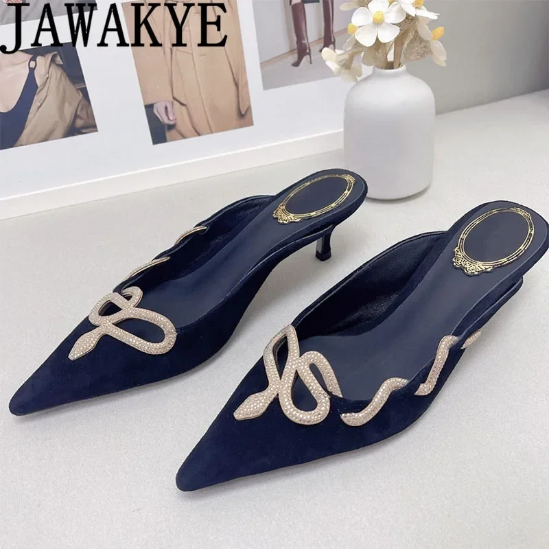 

Kitten Heel Brand Slippers Women Summer Sexy Pointy Toe Mules Leather Slides Shoes 2022 Fashion Party Banquet Sandals Flipflops