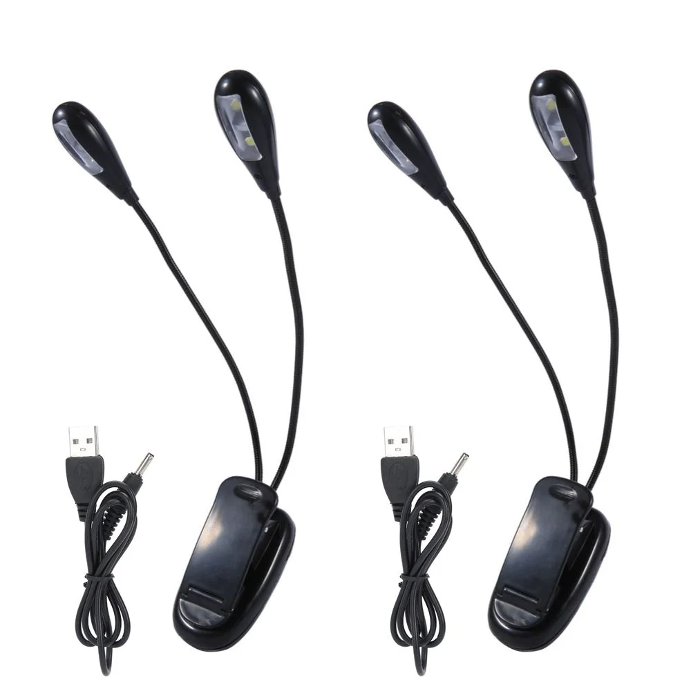 2 Pack Dual Arms Book Light USB Battery Operated Clip On Design Reading Tablet Lamp Adjustable 4 Brightness Levels