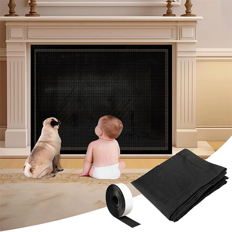 Fireplace Screen Mesh Cover PVC Fireplace Cover Pet Proof With Hooks And Loops Fireplace Safety Cover For Kids Easy To Use