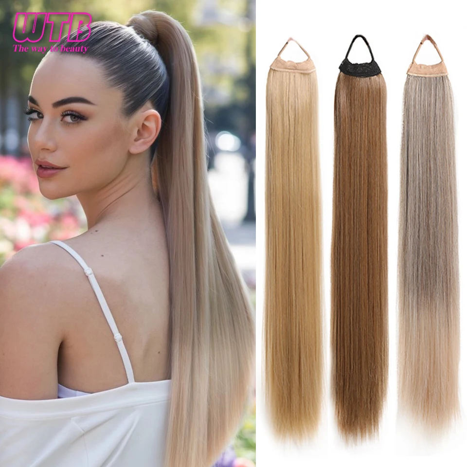 WTB Synthetic 28 Inch Long Ponytail Extensions With Elastic Band Versatile DIY Braided Ponytail For Women Girls Brown Golden