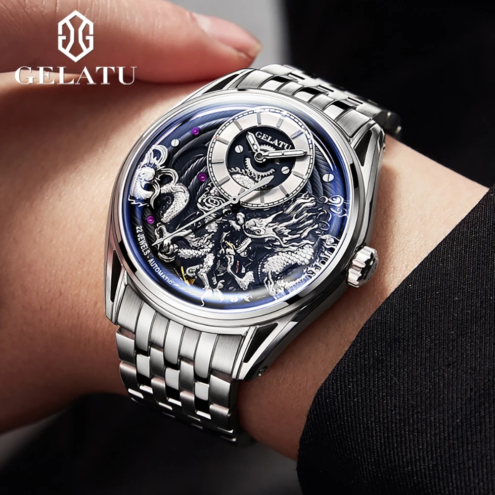 Dragon Watch GELATU Mechanical Men\'s Watches Waterproof Stainless steel Skeleton 44mm Big Dial Original Automatic Wristwatch NEW